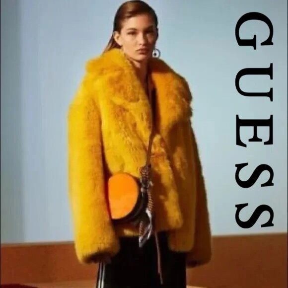 💥STUNNING💥GUESS FAUX FUR COAT in YELLOW HONEY GOLD - Picture 1 of 15